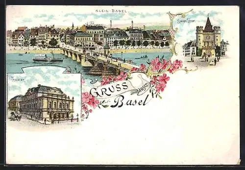 Lithographie Basel, Klein-Basel mit Brücke, Theater, Spalen-Tor