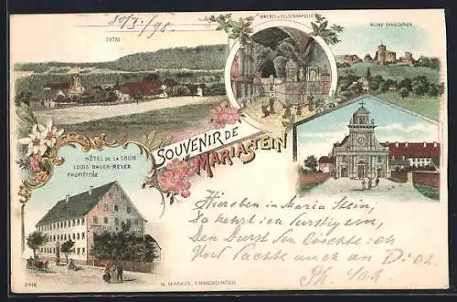 Lithographie Mariastein, Hôtel de la Croix, Inneres der Felsenkapelle, Ruine Landskron