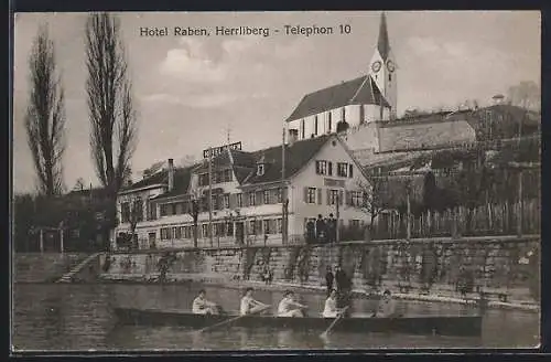 AK Herrliberg, Hotel Raben u. Riemenvierer mit Ruderboot