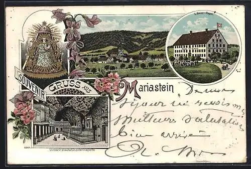 Lithographie Mariastein, Hôtel Kreuz, Unterirdische Gnadenkapelle, Ortspartie