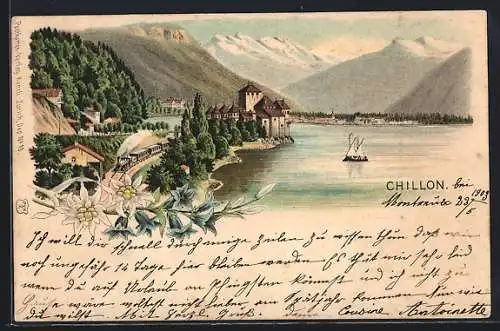 Lithographie Veytaux, Ortsansicht mit Schloss Chillon am See