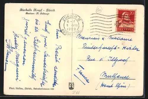 AK Zürich, Bierhalle Kropf, Bes. A. Sellmayr, Innenansicht