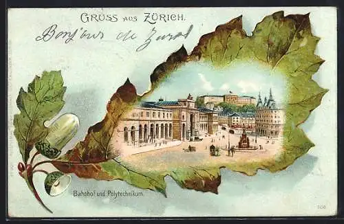 Passepartout-Lithographie Zürich, Bahnhof und Polytechnikum auf Eichenblatt