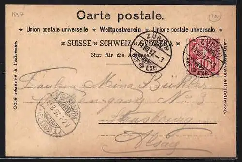 Lithographie Zürich, Ortsansicht und Bahnhofbrücke