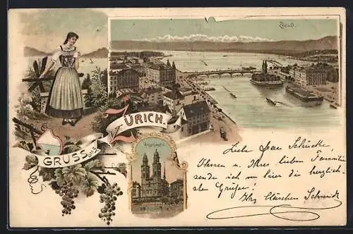 Lithographie Zürich, Teilansicht mit Brücke, Grossmünster, Frau in Tracht