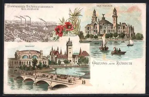 Lithographie Zürich, Hoffmann`s Stärkefabriken Salzuflen, Neue Tonhalle, Bahnhof