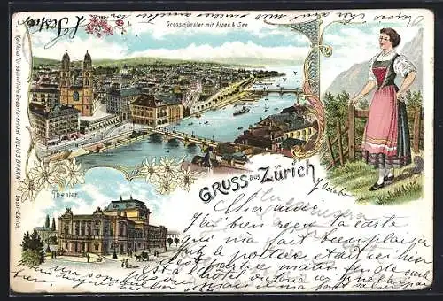 Lithographie Zürich, Grossmünster mit Alpen & See, Theater, Frau in Tracht