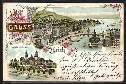 Lithographie Zürich, Panorama mit Tonhalle am Alpenquai