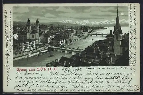 Mondschein-AK Zürich, Aussicht auf den See und die Alpen