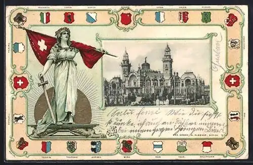 Lithographie Zürich, Tonhalle, Helvetia mit Flagge, Wappen von Luzern, Zug und Vaud, Passepartout