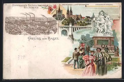 Lithographie Basel, Münster von der Wettsteinbrücke, Strassburg-Denkmal, Salzuflen, Hoffmanns Stärkefabriken