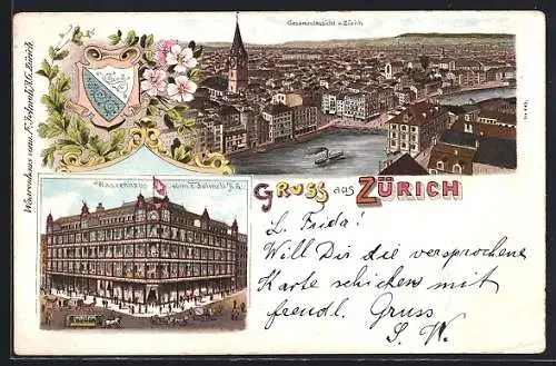 Lithographie Zürich, Warenhaus vorm. F. Jelmoli A. G., Gesamtansicht u. Wappen
