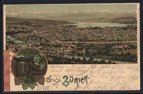 Lithographie Zürich, Gasthaus zur Weid, Totalansicht