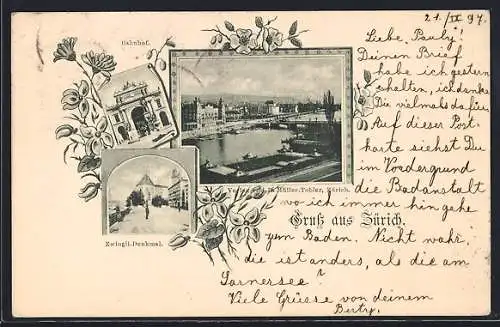 AK Zürich, Bahnhof, Zwingli-Denkmal, Ortsansicht