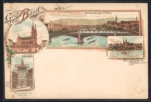 Lithographie Basel, Münster, Spalenthor, Pfalz, Rheinansicht
