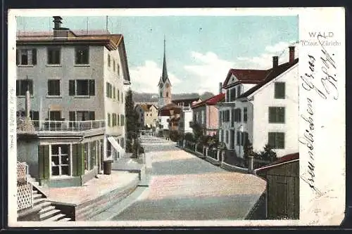 AK Wald /ZH, Strassenpartie mit Kirche