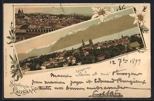 Lithographie Lausanne, Gesamtansicht mit Alpenpanorama
