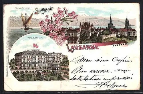 Lithographie Lausanne, Barque du Léman, Hotel Beau-Site, Ortsansicht gegen die Berge