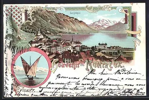 Lithographie Montreux, Barque du Léman, Vue générale