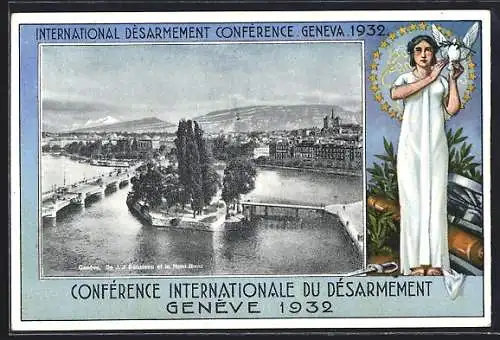 AK Genève, Conférence Internationale du Désarmement 1932, Stadtpanorama, Passepartout mit Friedenstaube