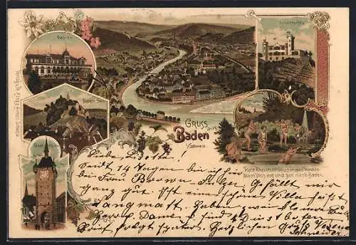 Lithographie Baden, Casino, Schartenfels, Schloss Stein, Stadt. Thurm