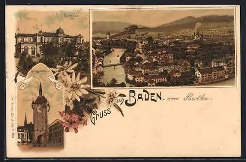 Lithographie Baden, Gefängnissturm, Kurhaus, Gesamtansicht
