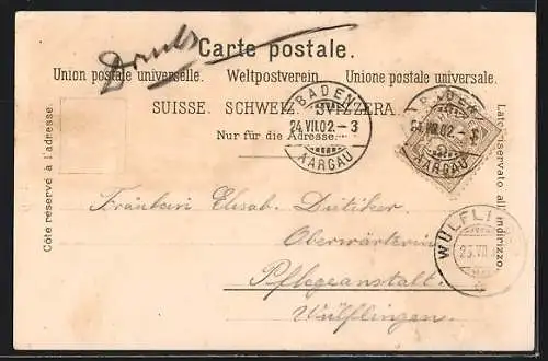 Lithographie Baden, Gefängnissturm, Kurhaus, Gesamtansicht