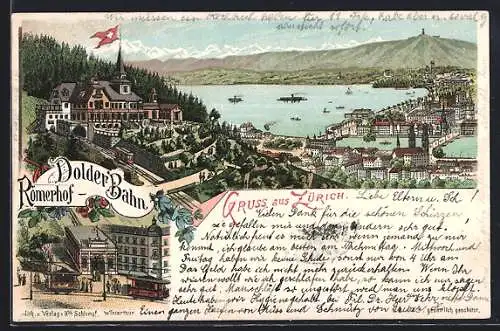 Lithographie Zürich, Dolder Bahn Römerhof, Totalansicht