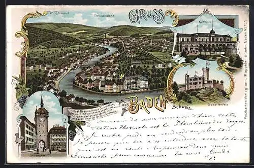 Lithographie Baden, Totalansicht, Stadtturm, Kurhaus, Schartenfels