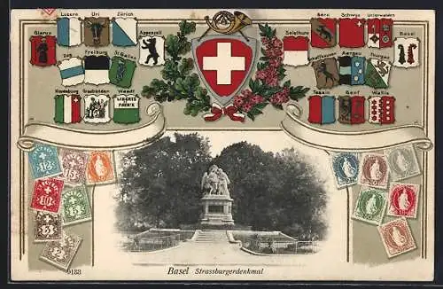 AK Basel, Strassburgerdenkmal mit Briefmarken