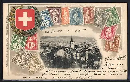 Passepartout-AK Biel, Ortsansicht und Briefmarken