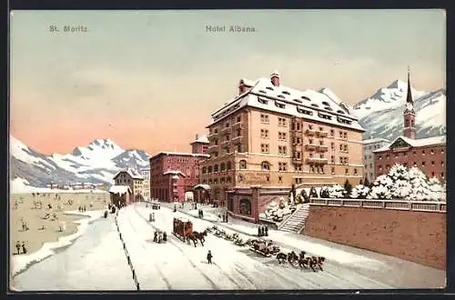 AK St. Moritz, Pferdeschlitten vor dem Hotel Albana