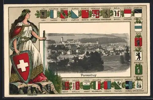 AK Porrentruy, Gesamtansicht im Passepartout mit Helvetia und Kantonswappen