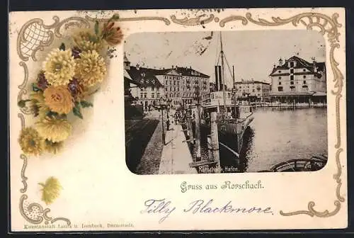 Lithographie Rorschach, Partie im Hafen im floralen Passepartout
