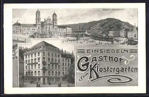 Künstler-AK Einsiedeln, Gasthof zum Klostergarten, Hauptplatz mit Schloss