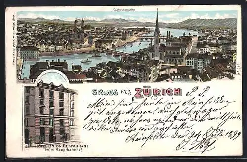 Lithographie Zürich, Hotel Union-Restaurant, Totalansicht