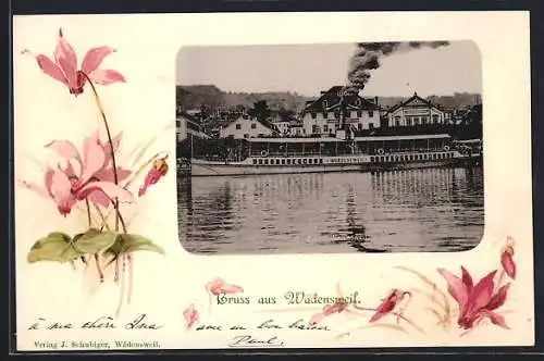 AK Wädensweil, Der gleichnamige Salondampfer vor der Ortschaft, florales Passepartout
