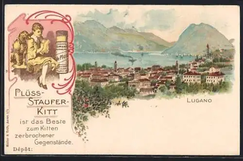 AK Lugano, Reklame für Plüss-Staufer-Kitt, Totalansicht