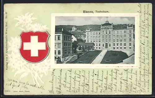 AK Bienne, Technikum im Passepartout mit schweizer Wappen und Edelweiss