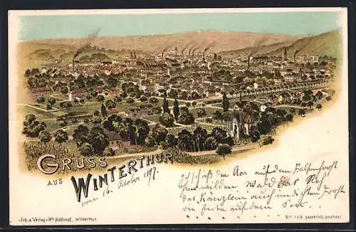 Lithographie Winterthur, Gesamtansicht mit Eisenbahn