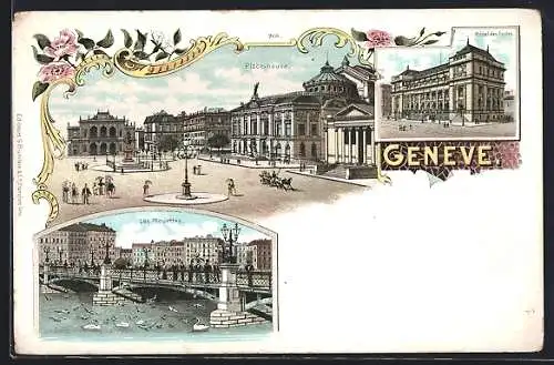 Lithographie Genève, Hôtel des Postes, Les Mouettes, Place neuve