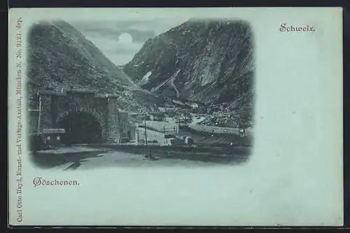 Mondschein-AK Göschenen, Tunneleingang mit Umgebung u. Bergpanorama