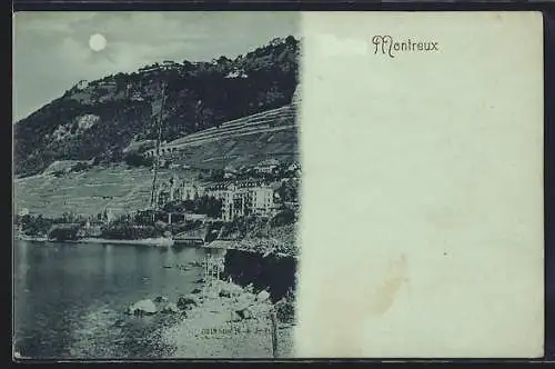 Mondschein-AK Montreux, Ortspartie vom Wasser aus