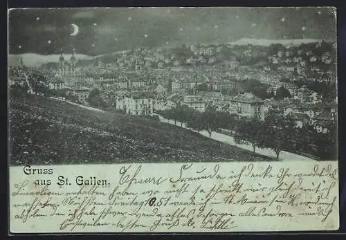 Mondschein-AK St. Gallen, Gesamtansicht von einem Hang aus