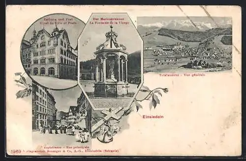 AK Einsiedeln, Rathaus und Post, Marienbrunnen, Hauptstrasse