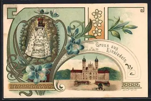 Lithographie Einsiedeln, Gnadenbild, Blaue Lilien, Kloster