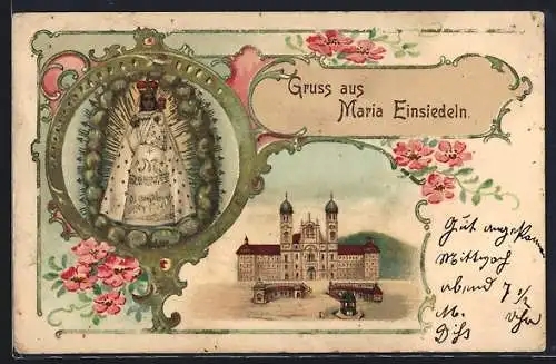 Präge-Lithographie Maria Einsiedeln, Gnadenbild, Kloster, Rosen