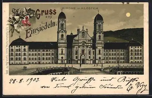 Mondschein-Lithographie Einsiedeln, Kirche und Kloster, Blumen