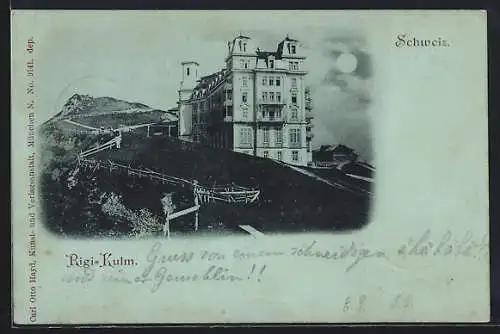 Mondschein-AK Rigi-Kulm, Gebäudeansicht mit Umgebung