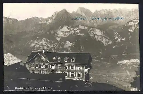 AK Flums, Kurhaus Säsliwiese mit Bergpanorama aus der Vogelschau